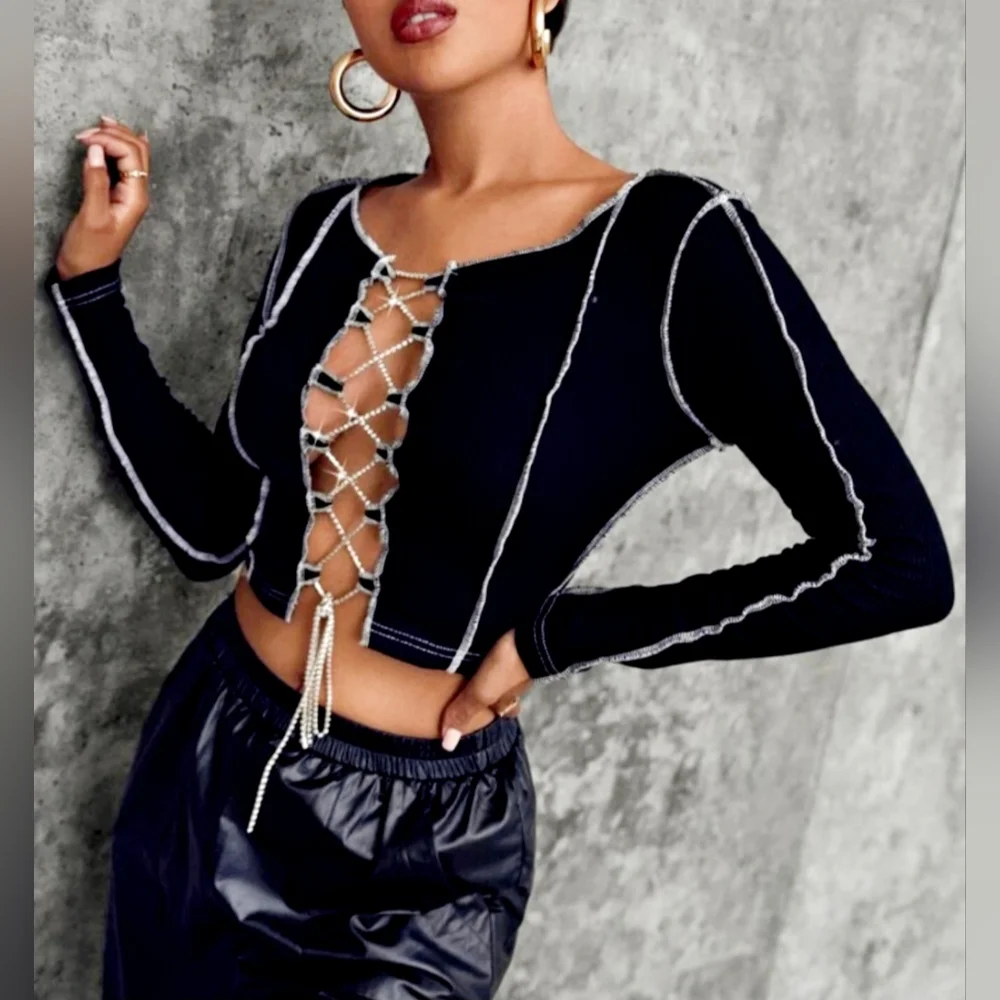 Rhinestone Crop Top Ribbed Contrast Stitching Black Lace Up Front XS